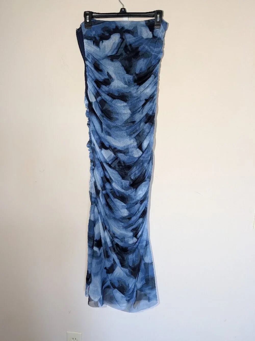 Strapless Ruched Mesh Maxi Dress Size M Blue